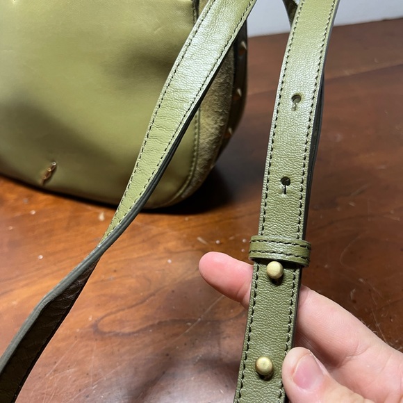 Brian Atwood Snakeskin Saddle crossbody Purse made w/ goat&lamb Green 10”x8” - Picture 12 of 16